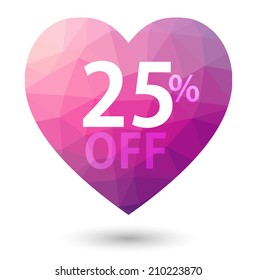 Pink heart. Triangular price vector bookmark 25 percent sale off. isolated with shadow.