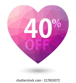 Pink heart triangular price vector bookmark 40 percent sale off. isolated on white with shadow.