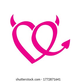 pink heart with two horns and a tail on white background