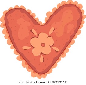 Pink Heart for Valentine, Heart Cookies. Illustration of a heart-shaped gingerbread cookie with a flower.