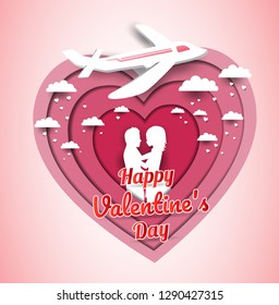 Pink heart, Valentine's Day in paper-cut style There are men, women and planes.