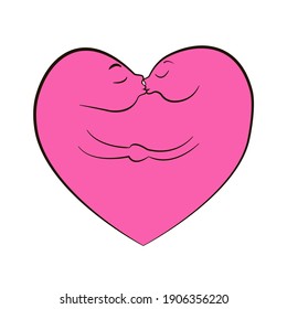 A pink heart for Valentine's Day in which the two halves kiss and hold hands. Stock vector illustration in cartoon style isolated on white background