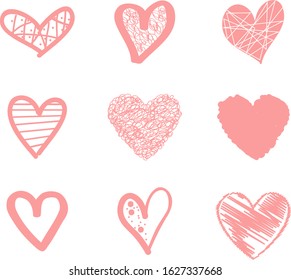 Pink heart vector. Hand drawn love icon isolated. Collection of heart icon hand drawn vector for love logo, heart symbol, doodle icon and Valentine's day. Painted grunge vector shape