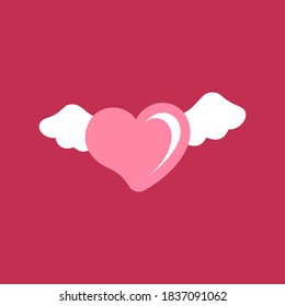 Pink heart with white angel wings sticker label patch icon design. Simple cute flat vector illustration. Valentine's day, cupid, love, sign, symbol.