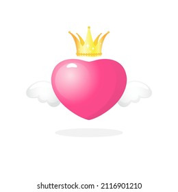 Pink heart with white angel wings in the crown. Isolated vector illustration for Valentine's Day.