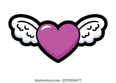 A pink heart with white angel wings in vibrant comic style