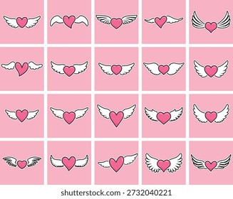 Corazón rosa con alas blancas. Conjunto de lindos símbolos de amor. Tatuaje de corazón. Iconos de color rosa y blanco. Corazones para el diseño. Amor, romance iconos vectoriales. Para regalos, día de San Valentín, cumpleaños, decoración del partido, tarjetas