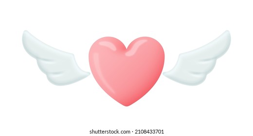 Pink heart with white wings. Valentines Day 3d design element isolated on white background