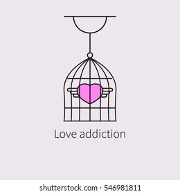 Pink heart with wings in cage. Symbol, flat linear icon of love addiction. Vector illustration.