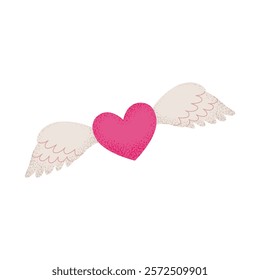 Pink heart with wings. Cartoon flying love message. Love wings symbol for Valentines day, wedding decor, social media, letter,  wrapping design, website banner, card. Flat vector illustration.