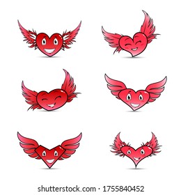Pink heart with wings icon isolated . Hearts with wings vector logo. Flat design style. Modern vector pictogram for web graphics - stock vector. Set of hearts.  cartoon character heart