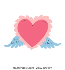 Pink heart with wings and ruffles. Heart and love emoji icon feeling in love. Happy Valentine's Day romantic vector flat illustration.