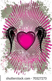 pink heart with wings silver background