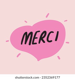 Pink heart with word Merci. French language. Vector graphic design.