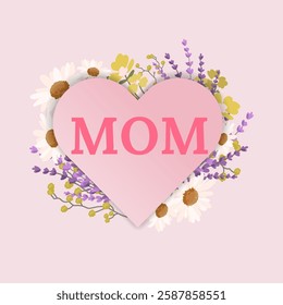 Pink heart with the word Mom in bold letters with flowers. Mother's day concept design. Vector illustration for greeting cards, posters, invitations, social media, gift designs