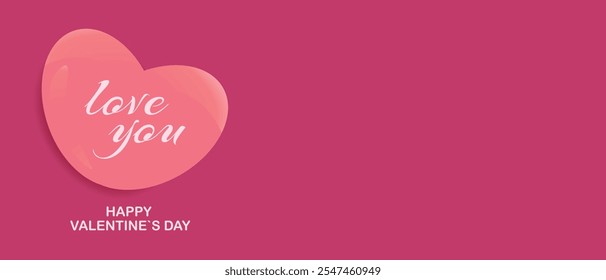 Pink heart with the words "love you" on a red background and the message "HAPPY VALENTINE'S DAY" underneath it, with copy space for text.