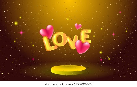 Pink hearts and 3D golden text Love on the stage podium. Greeting card for Valentine's day, Wedding, Mother's Day. Vector EPS10