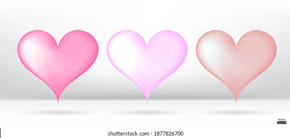 Colección vectorial 3D de corazones rosas aislada en fondo blanco.Símbolo de amor y Día de San Valentín.Icono de forma corazón vector para tarjeta de diseño.