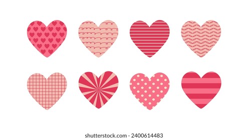 Pink hearts with abstract patterns. Romantic love symbols, doodles. Valentine's day, mother's day, birthday. Girly mood. Retro colors.