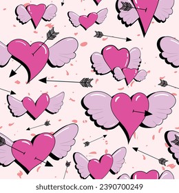pink hearts with angel wings and cupid's arrows seamless pattern on white background, romantic, valentine day print	