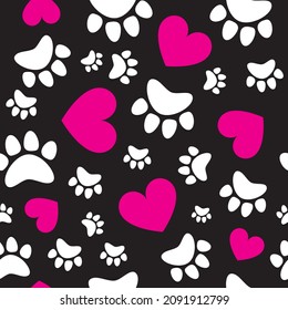 Pink hearts and animal paws, cat, dog track seamless pattern. Vector illustration.