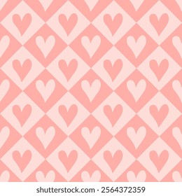 Pink Hearts in Argyle On seamless pattern, vector.