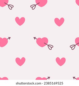 Pink hearts and arrows seamless pattern. Simple hand drawn endless background with love symbols. Greeting card, valentine's day, fabric, textile, wallpaper design