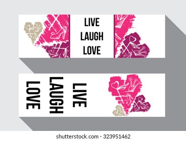 Pink hearts background with hand drawn elements. Inspirational poster. Live, laugh, love. Artistic vector design for banners, greeting cards, spring sales, posters, invitations.