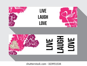 Pink hearts background with hand drawn elements. Inspirational poster. Live, laugh, love. Artistic vector design for banners, greeting cards, spring sales, posters, invitations.