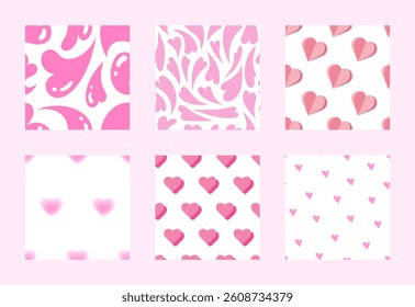 Pink hearts backgrounds set. Happy Valentines Day pattern set. Various patterns - fluid, twisted, blured, hand drawn heart shapes, paper hearts. Greeting card templates collection. Pretty banners