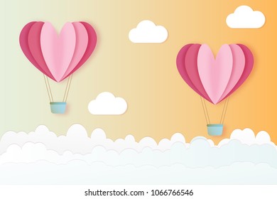 pink hearts balloon and clouds on sky .vector
