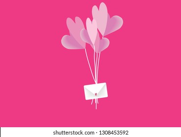 Pink hearts as balloons holding love letter on a Valentines day on ponk background