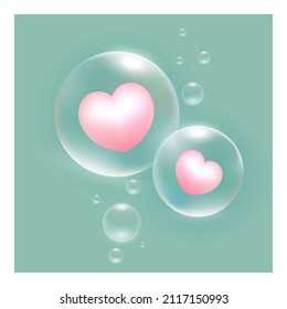 Pink hearts balloons in soap bubbles floating isolated on a green background.  Vector illustration.