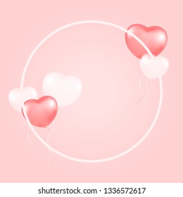 Pink hearts balloons with white frame. Template for holidays, web sites, banners, covers.