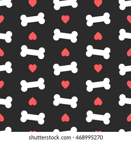 Pink hearts and bones seamless pattern. Good for textile and paper print, card, poster, another design. Cute funny dog feed vector illustration. Pet love theme.