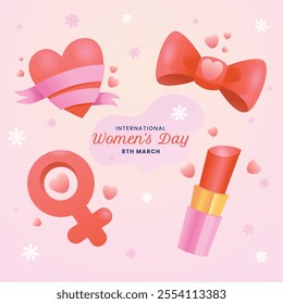 Pink hearts bow lipstick Venus symbol ideal for Women's Day. Suitable for greeting cards, social media posts, event promotions, and prints.
