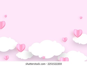 Pink hearts cloud on soft pink color background, border, copy space. Valentine day concept for design.
