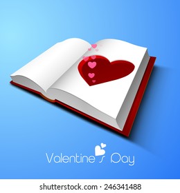 Pink hearts coming out from paper cut-out heart shape on shiny blue background for Happy Valentines Day celebration.