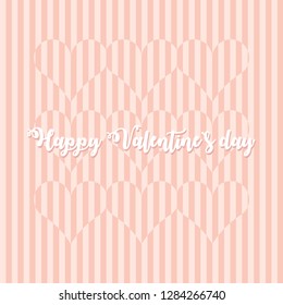 Pink hearts composition on a striped background. Op abstract art. Creative wallpaper. Happy Valentine`s Day postcard. Simple flat design. Modern poster. Love and joy. Romantic Valentine`s print.