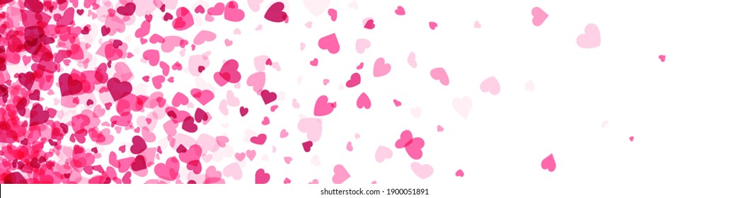 Pink hearts confetti corner frame on white background. Valentine's Day. Banner template. Space for text. Vector illustration.