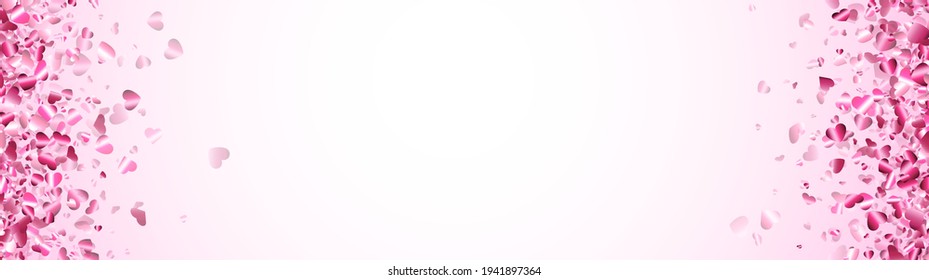 Quadros de canto de confete de corações cor-de-rosa sobre fundo rosa claro. Dia dos Namorados. Modelo de faixa. Espaço para texto. Ilustração vetorial.