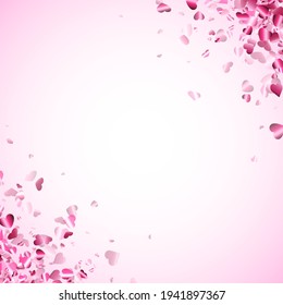 Los corazones rosados confetti marco de esquina en fondo cuadrado rosa claro. Día de San Valentín. Plantilla de banner. Espacio para texto. Ilustración vectorial.