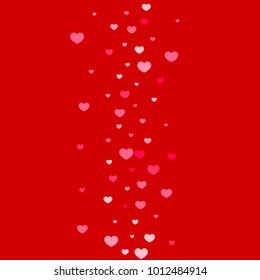 Pink Hearts Confetti Falling on Red Background. Valentine's Day Pattern. Romantic Scattered Hearts Design Element. Love. Sweet Moment. Gift. Wedding. Anniversary, Birthday. Vector Illustratuion.