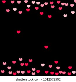 Pink Hearts Confetti Falling on Black Background. Valentine's Day Pattern. Romantic Scattered Hearts Design Element. Love. Sweet Moment. Cards, Banners, Posters, Flyers, Sales, Brochure, Wallpaper.