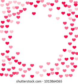 Pink Hearts Confetti Falling on White Background. Valentine's Day Pattern. Romantic Scattered Hearts Design Element. Love. Sweet Moment. Gift. Wedding. Anniversary, Birthday. Vector Illustratuion.