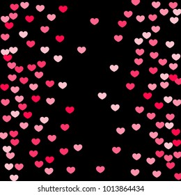 Pink Hearts Confetti Falling on Black Background. Valentine's Day Pattern. Romantic Scattered Hearts Design Element. Love. Sweet Moment. Gift. Wedding. Anniversary, Birthday. Vector Illustratuion.