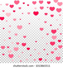 Pink Hearts Confetti Falling on Transparent. Valentine's Day Pattern. Romantic Scattered Hearts Cute Texture. Love. Sweet Moment. Cards, Banners, Posters, Flyers, Sales, Brochure, Wallpaper.