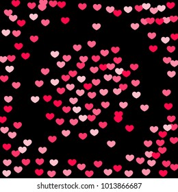 Pink Hearts Confetti Falling on Black Background. Valentine's Day Pattern. Romantic Scattered Hearts Cute Texture. Love. Sweet Moment. Gift. Wedding. Anniversary, Birthday. Vector Illustratuion.