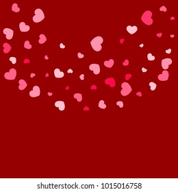 Pink Hearts Confetti Falling on Red Background. Valentine's Day Pattern. Romantic Scattered Hearts Cute Texture. Love. Sweet Moment. Gift. Wedding. Anniversary, Birthday. Vector Illustratuion.