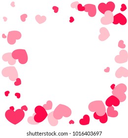 Pink Hearts Confetti Falling on White Background. Valentine's Day Pattern. Romantic Scattered Hearts Design Element. Love. Sweet Moment. Gift. Wedding. Anniversary, Birthday. Vector Illustratuion.